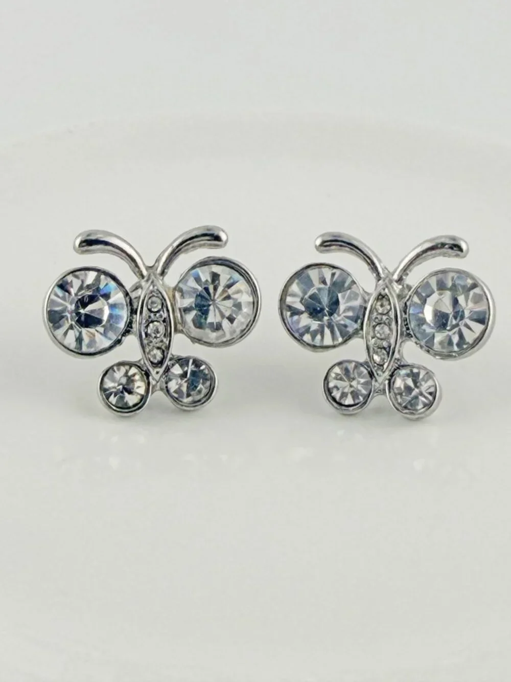 Vintage Style Silver Tone Crystal Rhinestone Butterfly Stud Earrings